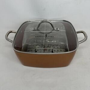 Copper Chef 10" Square Frying Pan Steamer Fryer Basket Glass Lid Cookbook Used